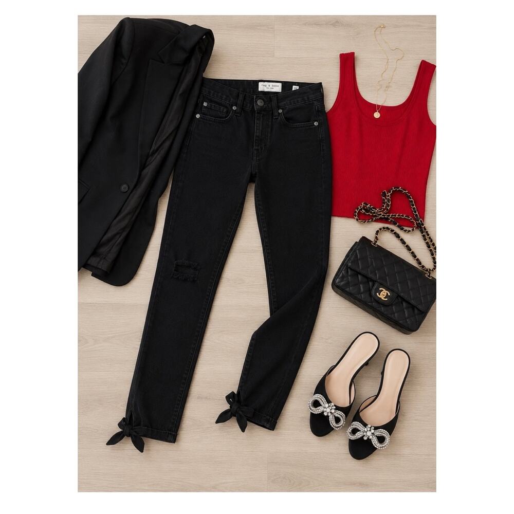 rag & bone Black Bow Hem Ankle Jeans 26 Quiet Luxury Paris Café Chic High Rise